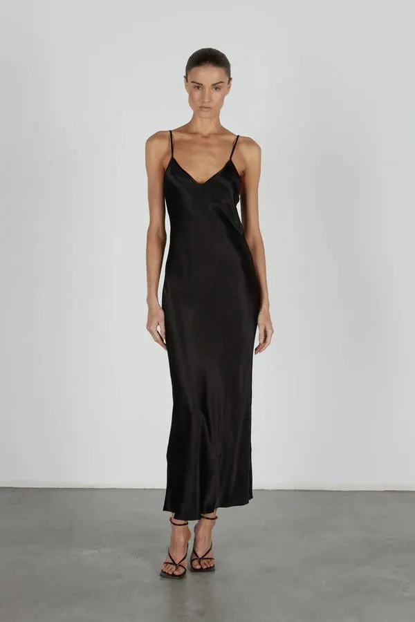 Noir Bias-Cut Satin Slip Dress