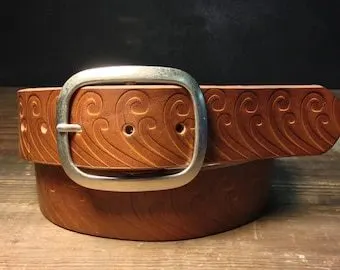 Wave-Embossed Leather Belt