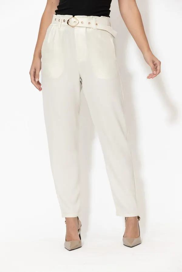 Ivory Belted Paperbag Trousers