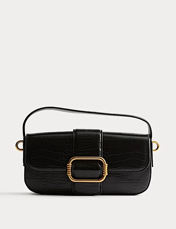 Coal Croc-Effect Baguette Bag