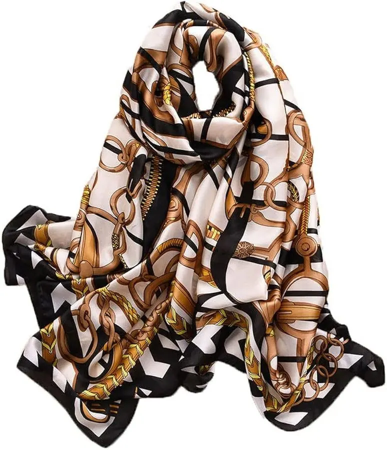 Onyx Chain-Print Silk Ribbon Scarf