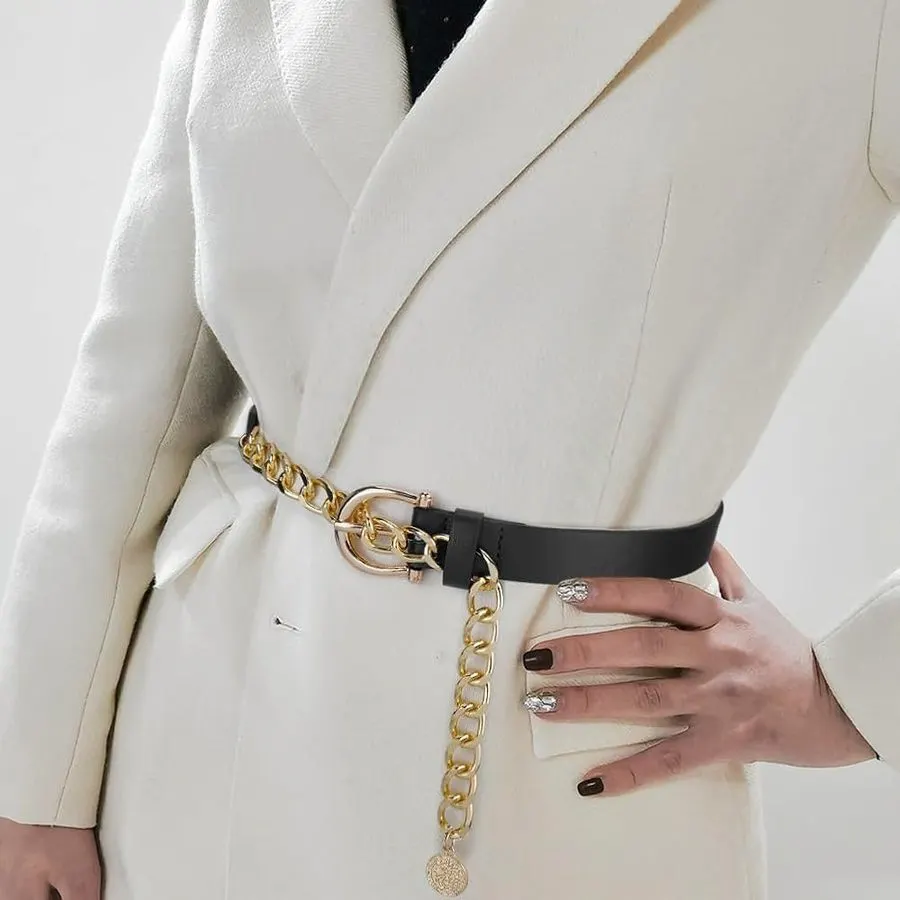 Leather-and-Chain Waist Belt
