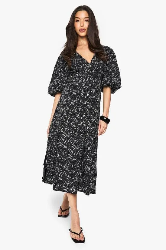 Polka Noir Puff-Sleeve Midi Dress