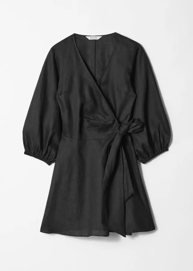 Black Linen Wrap Day Dress