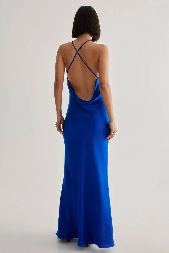 Cobalt Cowl-Back Satin Gown