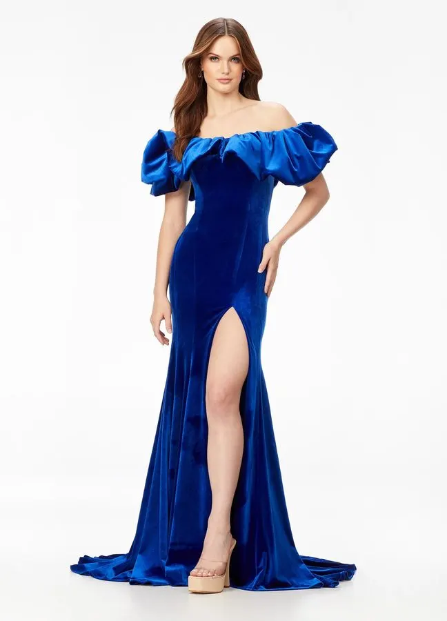 Cobalt Velvet Off-Shoulder Gown