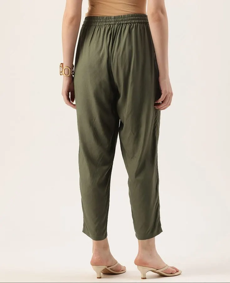 Olive Pleated Cigarette Trousers