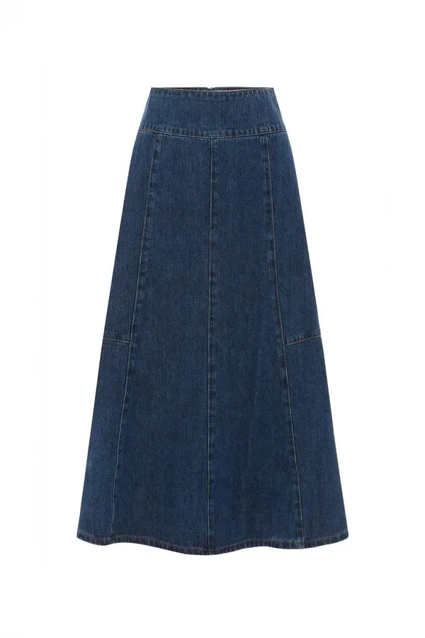 Dark-Wash Denim Midi Skirt
