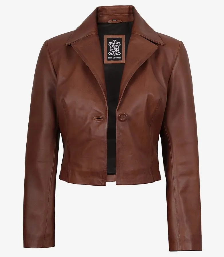 Cognac Cropped Leather Jacket