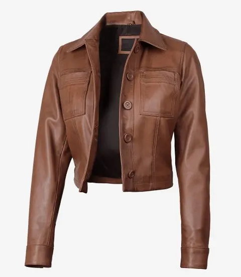 Cognac Cropped Leather Jacket
