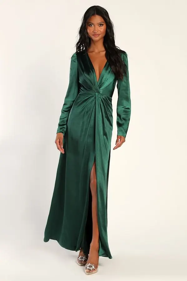 Emerald Satin Long-Sleeve Slip Dress