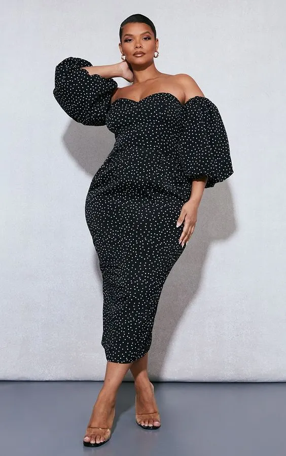 Polka Noir Puff-Sleeve Midi Dress