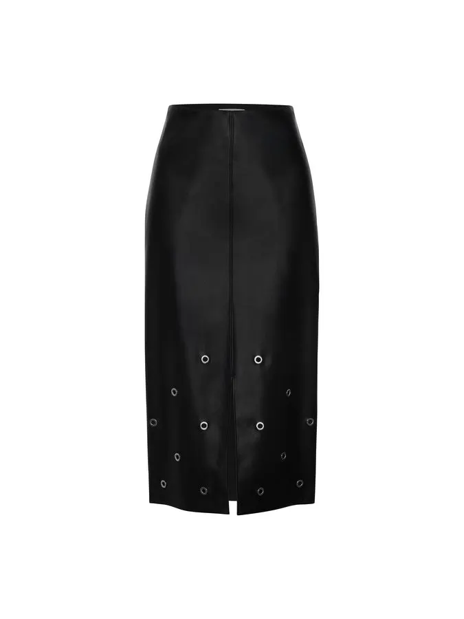 Onyx Wrap Leather Midi Skirt