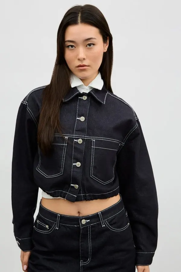 Cropped Contrast Denim Jacket