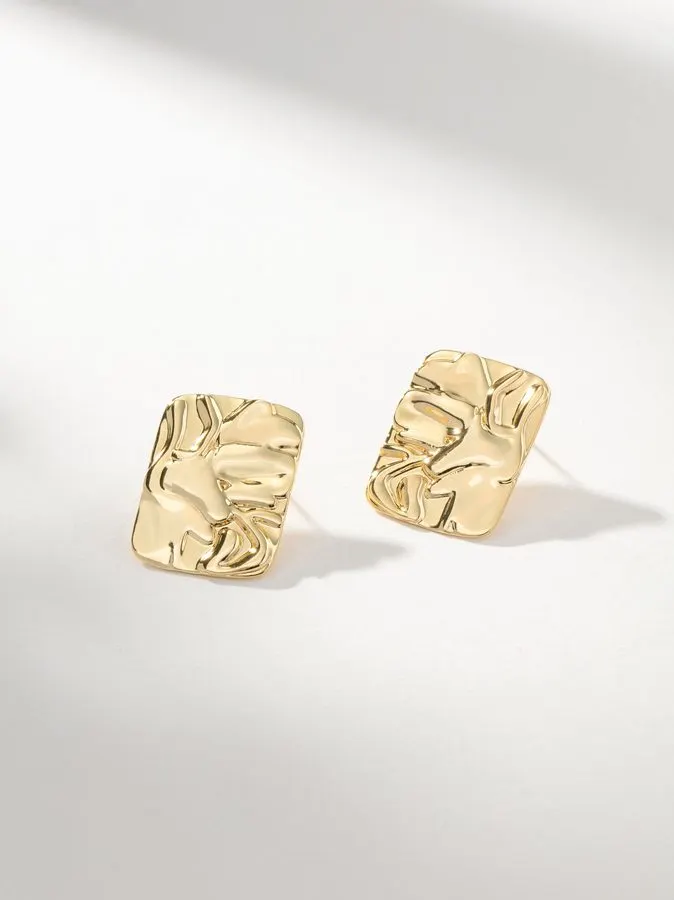 Gold textured square stud earrings
