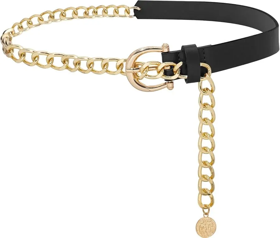 Leather-and-Chain Waist Belt