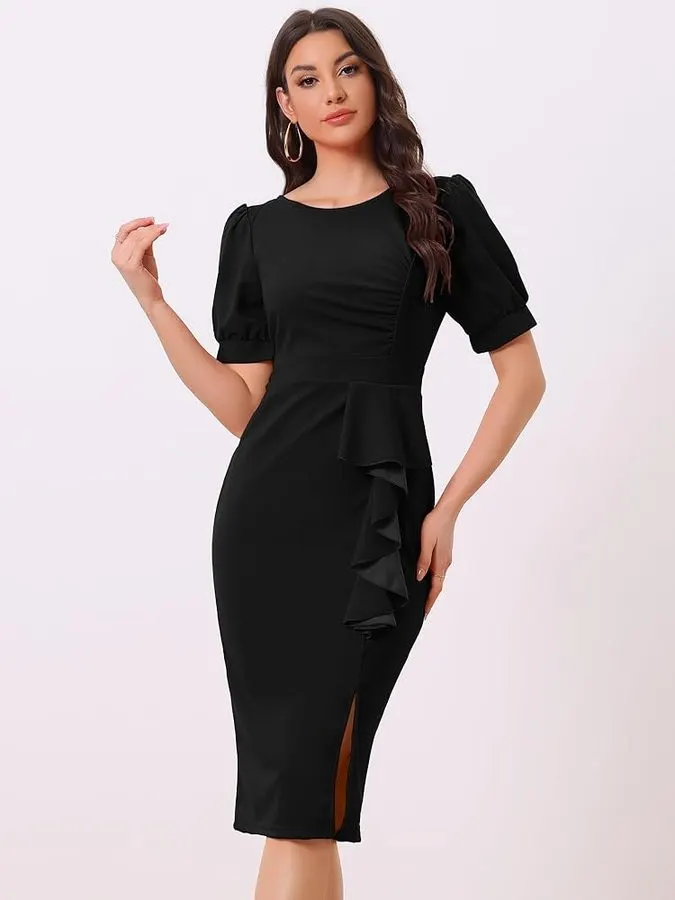 Onyx Puff-Sleeve Cocktail Dress