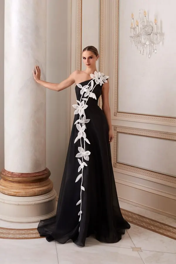 Black Orchid One-Shoulder Gown