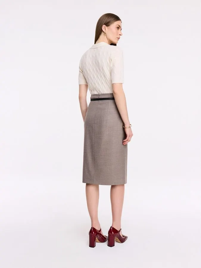 Taupe Wool-Blend Pencil Skirt