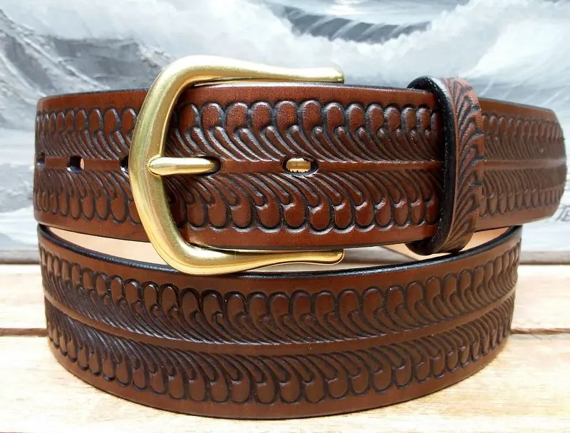 Wave-Embossed Leather Belt