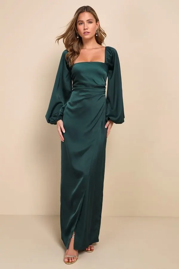 Emerald Satin Long-Sleeve Slip Dress