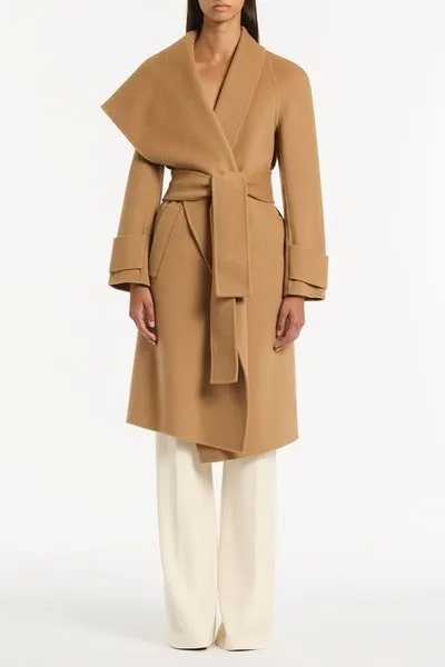 Draped Camel Wool Coat
